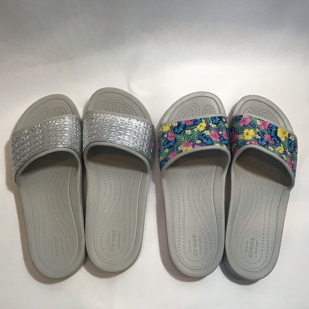 New 2 pairs Size 9 Women CROCS Silver and Floral Slide Sandals